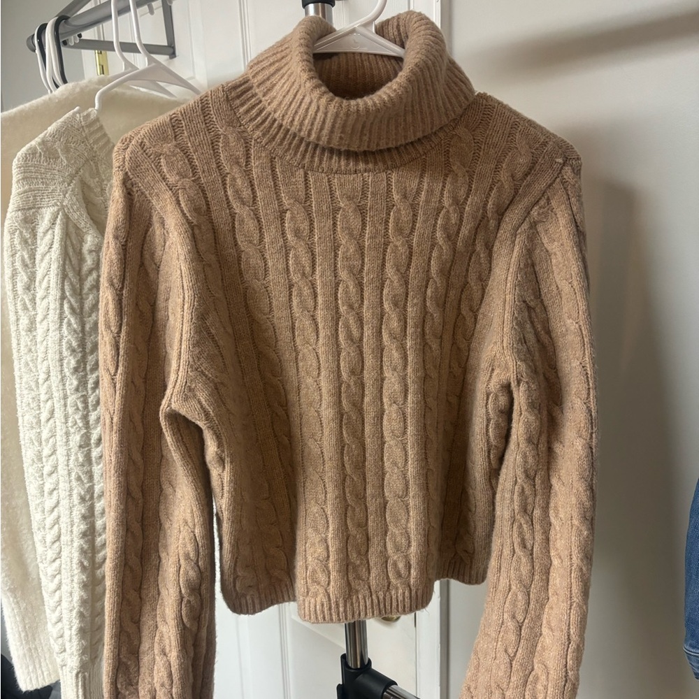 Cable-Knit Turtleneck Sweater in Camel